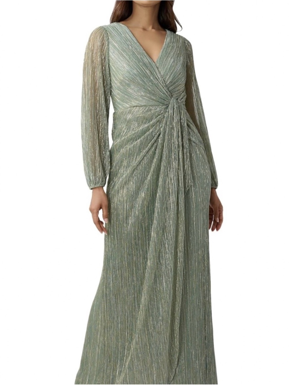 Adrianna Pappell Sage Green Metallic Long Sleeve Ruched Dress Plus Size 20W